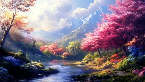 Sunlit mountain river winding through bright spring forest.