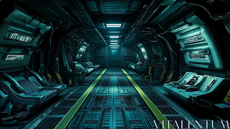 Futuristic starship corridor with teal industrial lighting.