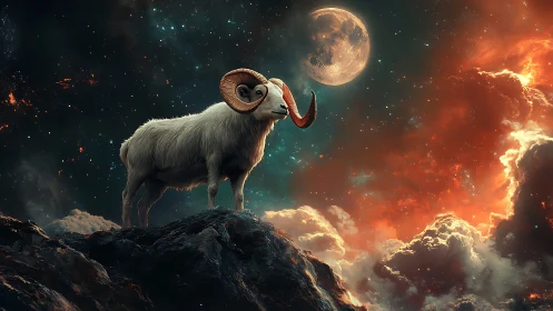 Celestial ram stands over nebula clouds under full moon.