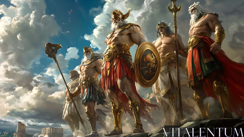 Olympian gods stand over clouds in golden war armor.