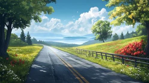 Sunlit country road leads toward tranquil lakeside horizon.