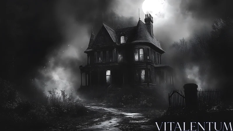 Moon-drowned Victorian manor brooding in spectral fog.