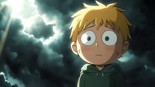 Anxious anime boy under stormy, glowing night sky.