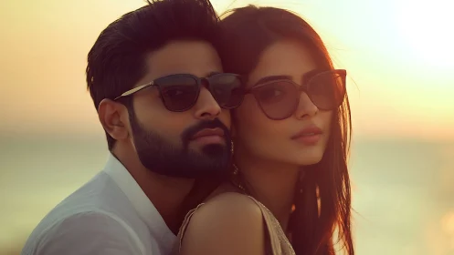 Couple in Sunglasses Against Golden Sunset Hour.