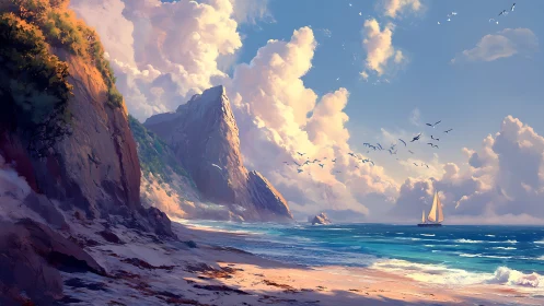 Cliff-Framed Sailboat at Golden Hour.