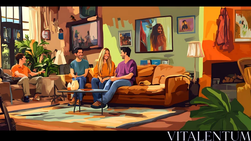 Four friends sit talking on a sofa in a colorful living room