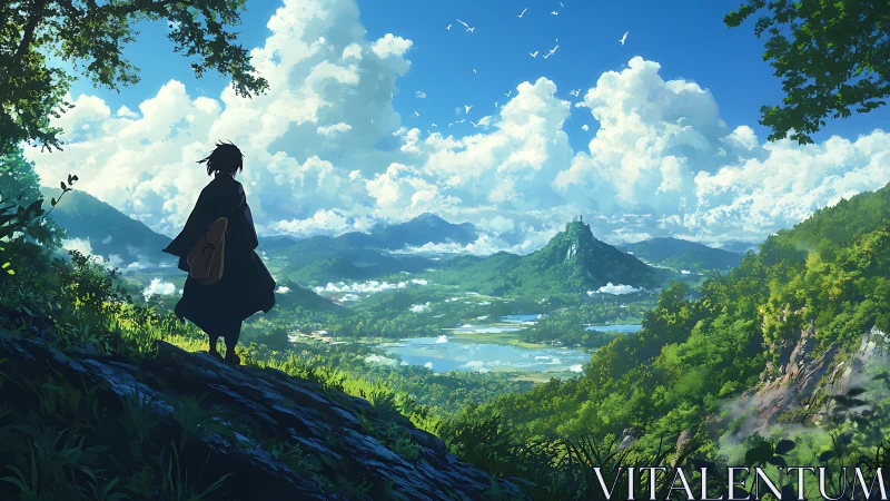 Wanderer gazes toward a cloud crowned valley citadel.