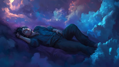Sleeping figure floating in colorful luminous clouds
