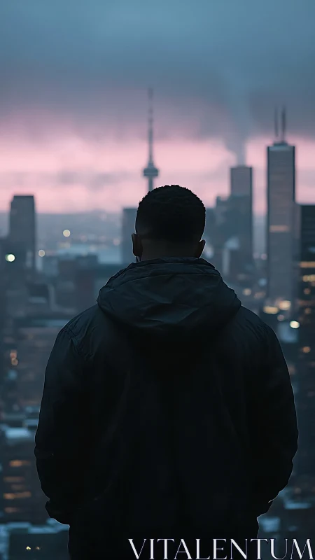 Silhouetted figure observing high-rise skyline at dusk.