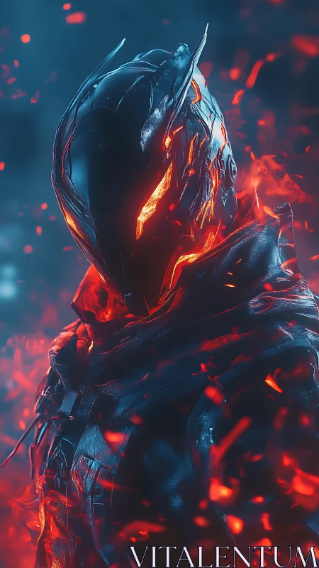 Armored humanoid figure glows with molten red energy sparks