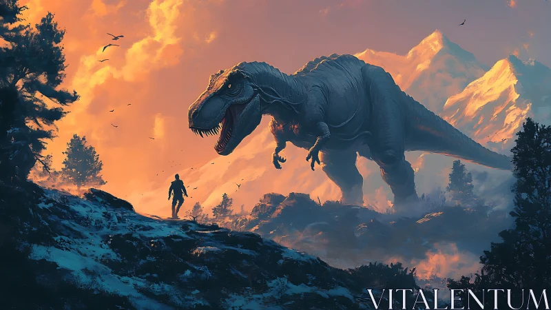Dinosaur towers over lone explorer in fiery alpine dusk.