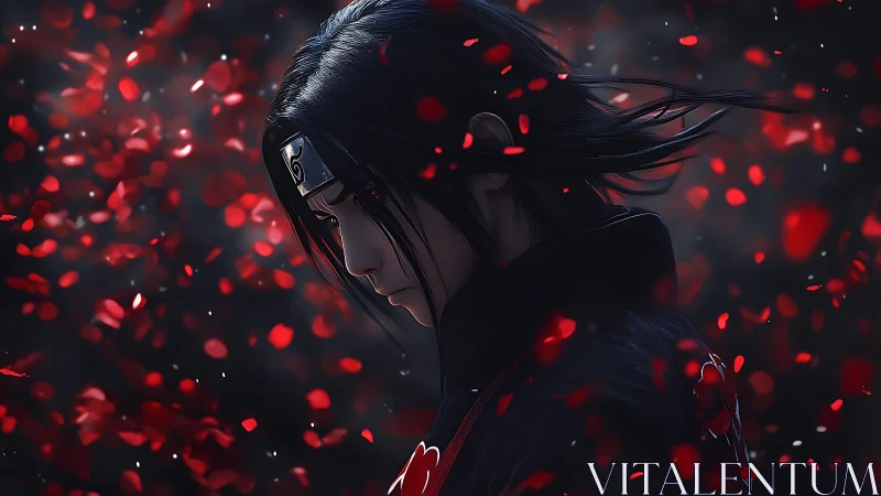 Solitary ninja amid drifting crimson petals contemplates fate.
