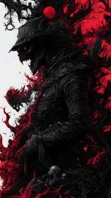 Dark humanoid figure merges with red organic abstract mass