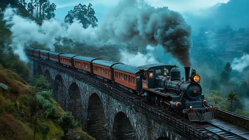 Steam locomotive on stone viaduct in mist-laden valley.