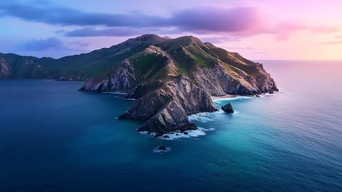 Volcanic island peninsula at sunset with turquoise coastal waters