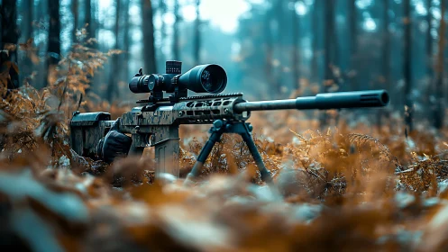 Tactical scoped rifle mounted on bipod in forested terrain setting.