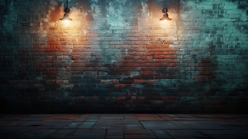 Brick wall under dual lamps with cinematic chiaroscuro lighting.