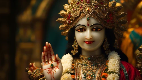 Gilded Hindu deity statue with raised hand gesture detail.
