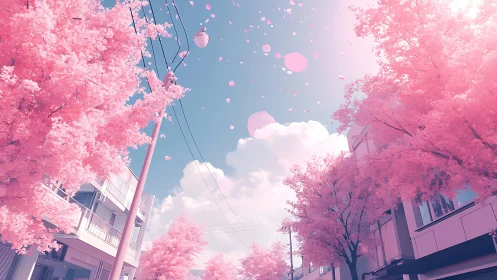 Pink tree-lined urban street is shown under clear sky