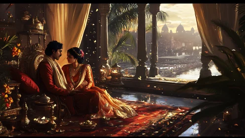 Digital painting of royal terrace romance at sunset pavilion.