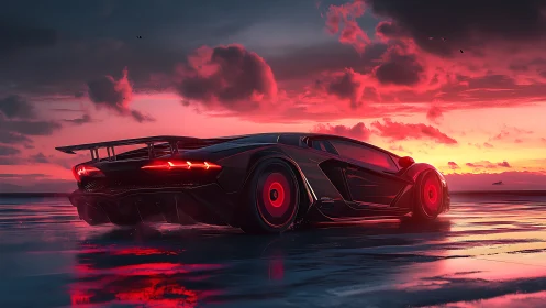 Midnight hypercar slices molten sunset across wet horizon
