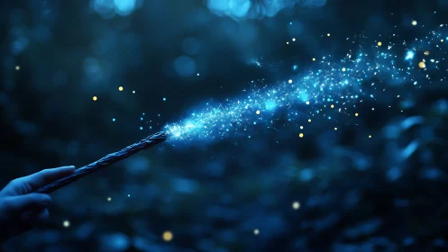 Magic wand casts blue sparkling light in dark forest night