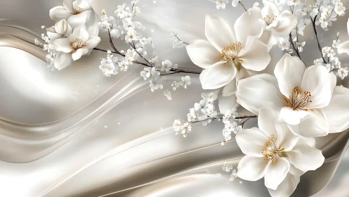 White Orchids and Cherry Blossoms Float in Ethereal Silk Waves