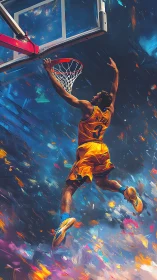 Dynamic basketball dunk rendered in vibrant angular digital brushwork