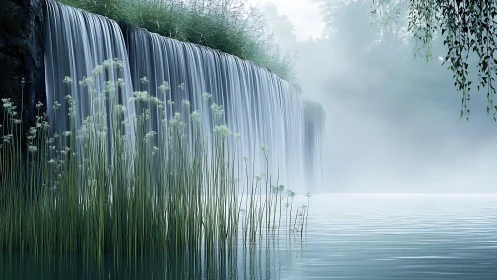 Mist-veiled cascade with emergent reeds along tranquil lake edge