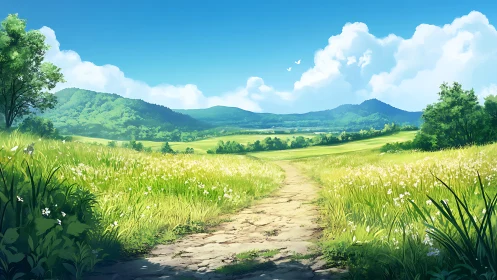 Sunlit stone path crosses windblown meadow toward layered hillsides