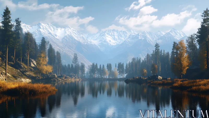 Snowcapped alpine range reflected in a still autumn lake