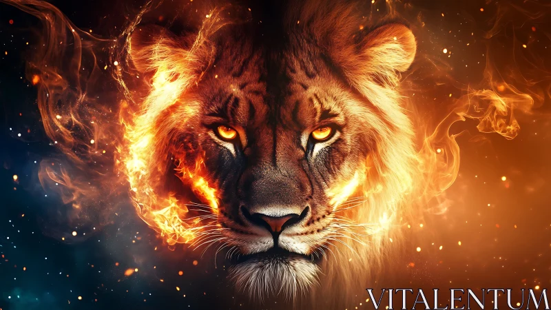 Lion of living fire gazes through glowing stardust night.