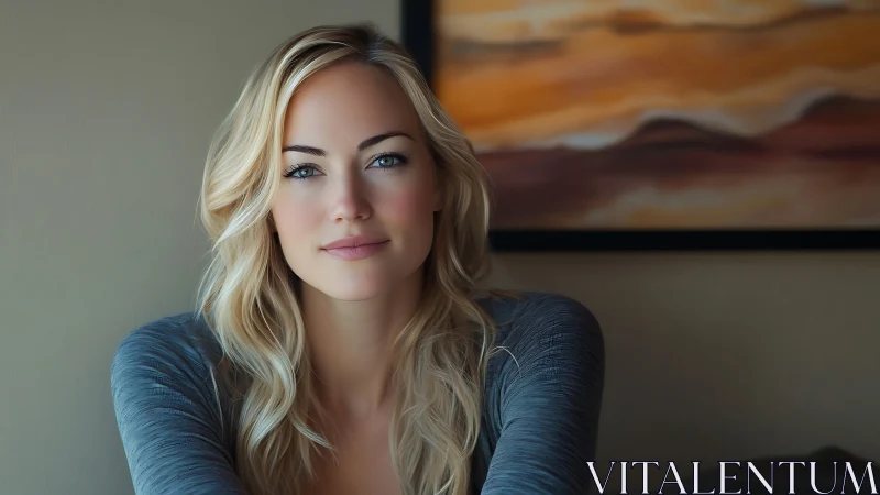 Gentle smile by warm abstract art in soft evening light.