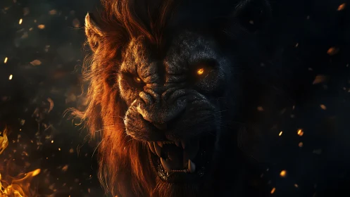 Infernal lion portrait rendered with dramatic chiaroscuro lighting