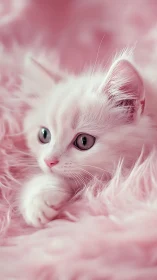 White Kitten with Pink Eyes in Soft Pink Feathers.