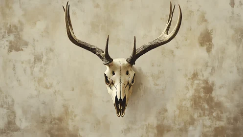 Weathered stag skull mounted on textured ochre wall.