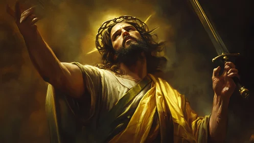 Digital painting of radiant warrior-messiah with sword raised.