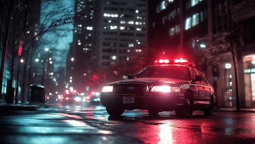 Police cruiser under red lights on wet city street at night.