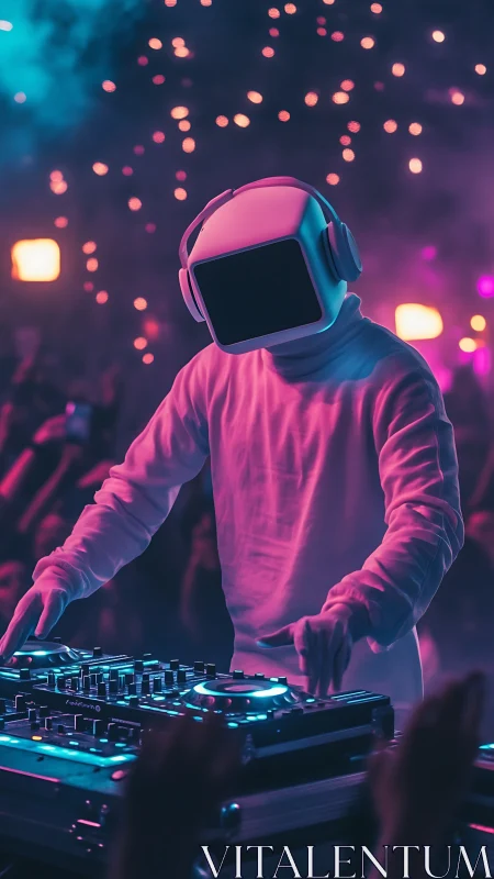 Helmeted DJ in neon club environment performing live set.