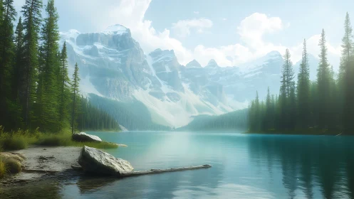 Alpine lake reflects towering pines and snow peaks.