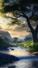 Sunlit mountain stream in verdant valley with towering trees.