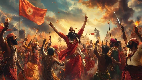 Crowd of robed devotees raising arms in fiery celebration.