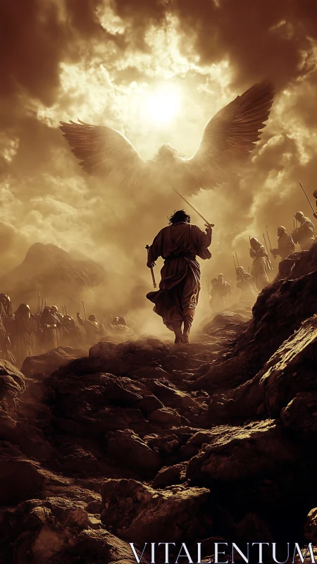 Backlit robed leader ascends rocky pass toward colossal winged figure