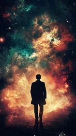 Silhouetted wanderer walks into cosmic nebula inferno.