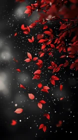Crimson leaves tumble like sparks through a quiet winter night