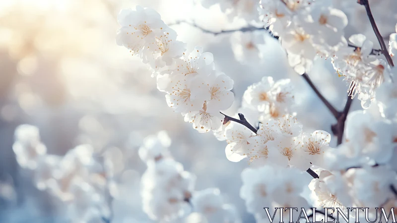 White Blossoms on Branch with Golden Stamens.