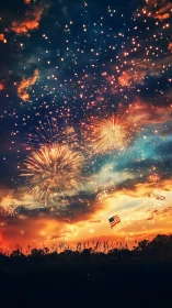 Fireworks burst over sunset field with distant US flag
