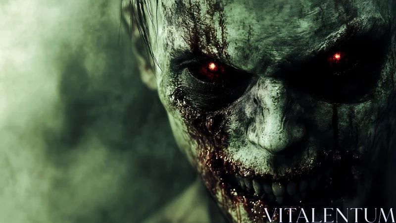 Digital close-up depicts decayed humanoid face with red eyes