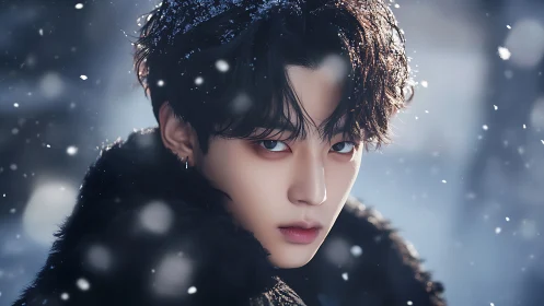 Winter portrait of intense gaze in softly falling snow.