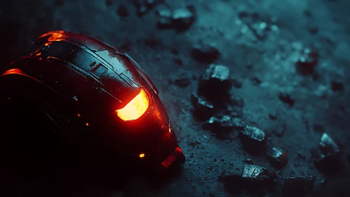 Fallen red sci fi helmet glowing on shattered ground.